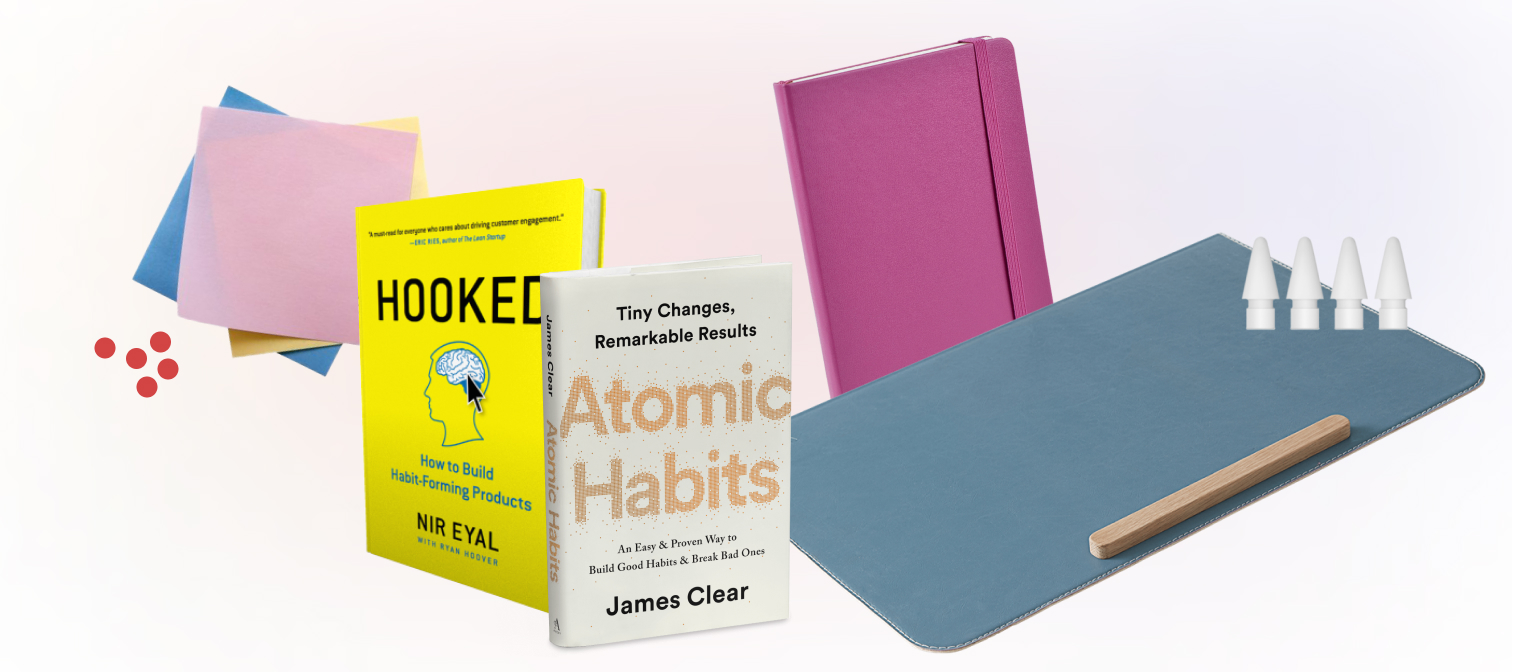 Sticky notes, Book 'Hooked', desk pad, apple pencil tips