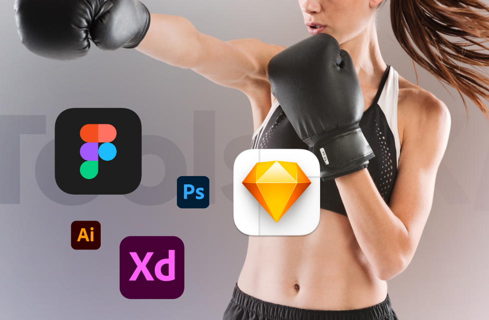 A woman boxing with UX/UI tool icons floating on the image