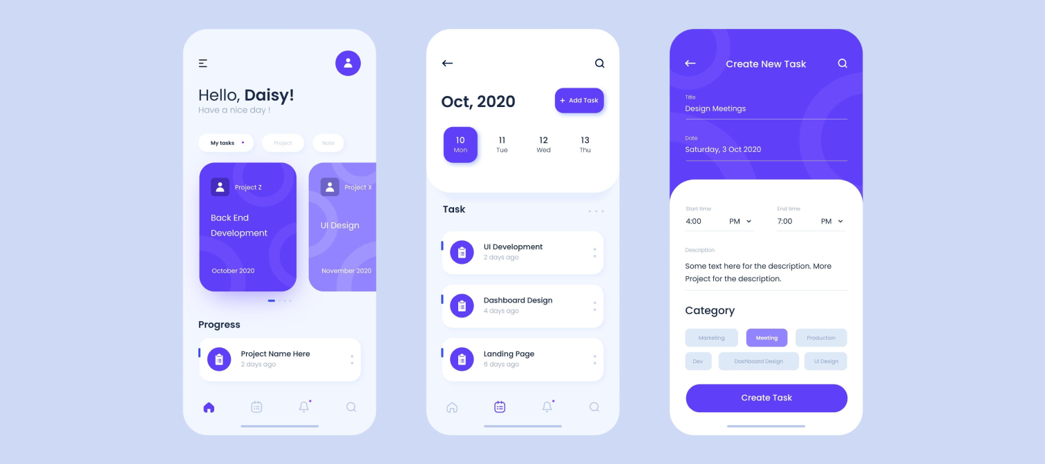 A simple task manager mobile app with purple as a primary color