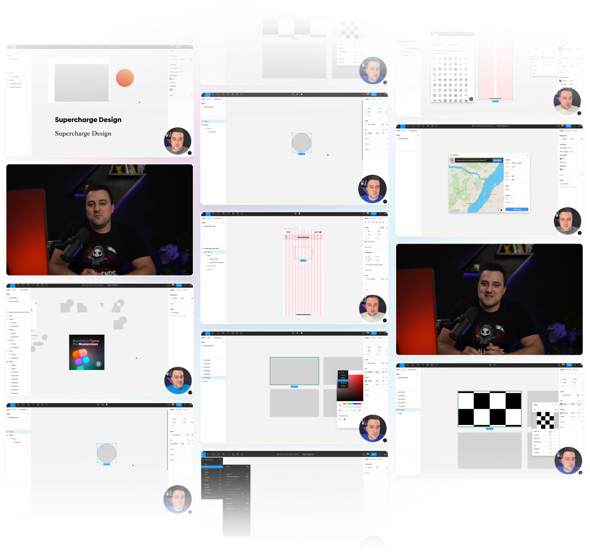 Grid of stillshots from videos from the Beginner Figma Video Course, images show a teacher, and Figma interface.