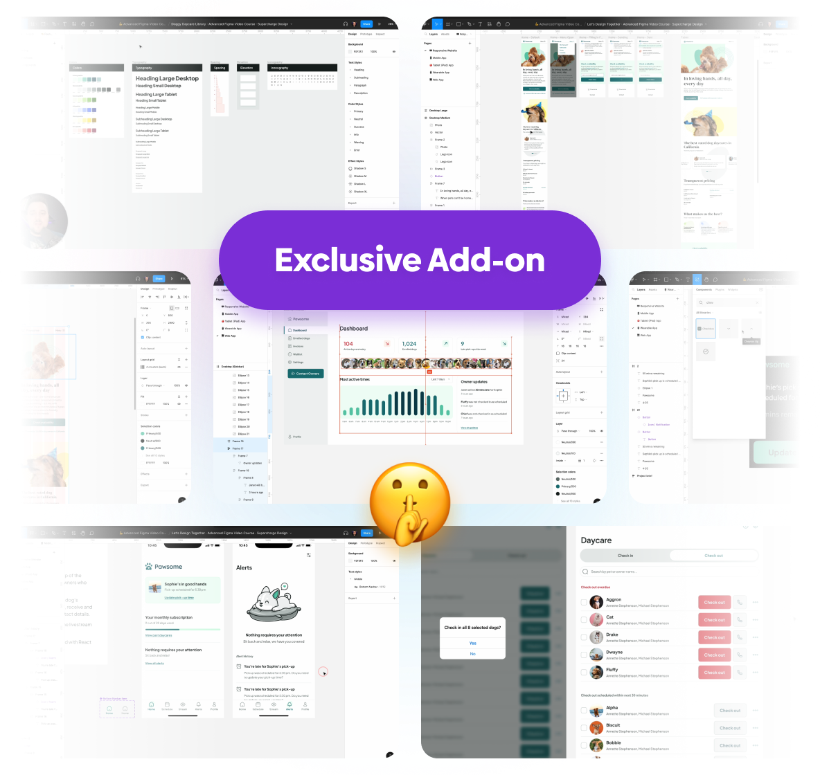 Grid of stillshots from videos from the Advanced Figma Video Course, images show a teacher, and Figma interface. Image contains a button with the text "Exclusive Add-on"