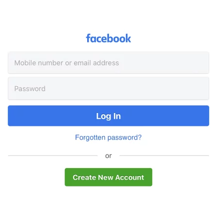 Facebook's login screen - reading left to right (English version)