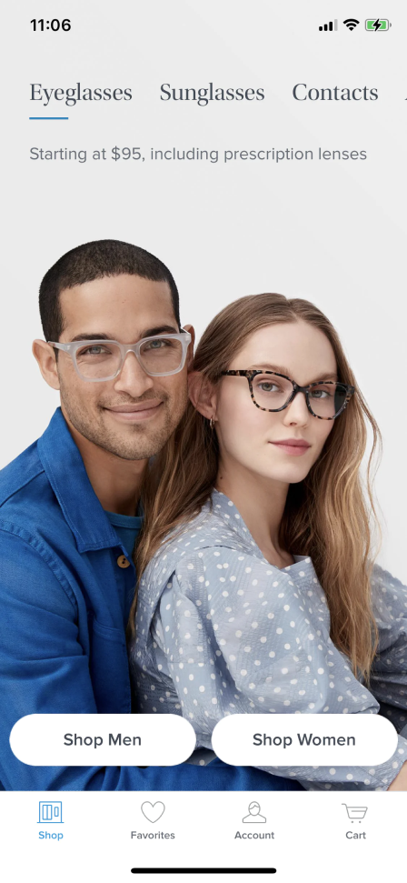 A man and a woman wearing eyeglasses, and you can decide between browsing through men's or women's products, one at a time