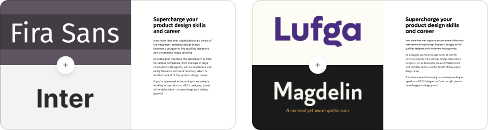 Example of two files from the Reliable UI Type Pairings. On first picture: Fira Sans and Inter. On second picture: Lufga and Magdelin.