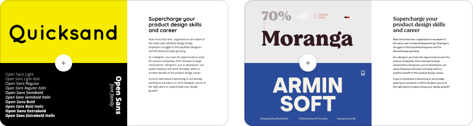 Example of two files from the Reliable UI Type Pairings. On first picture: Quicksand and Open Sans. On second picture: Moranga and Armin Soft.