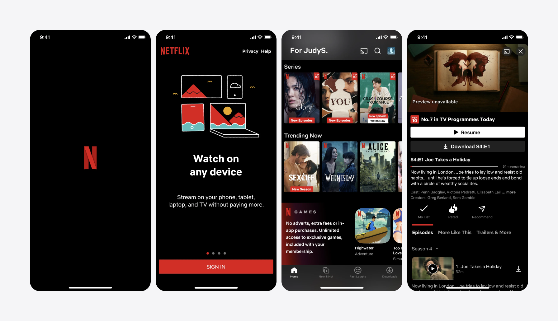 Screenshots of Netflix app using red color in UI