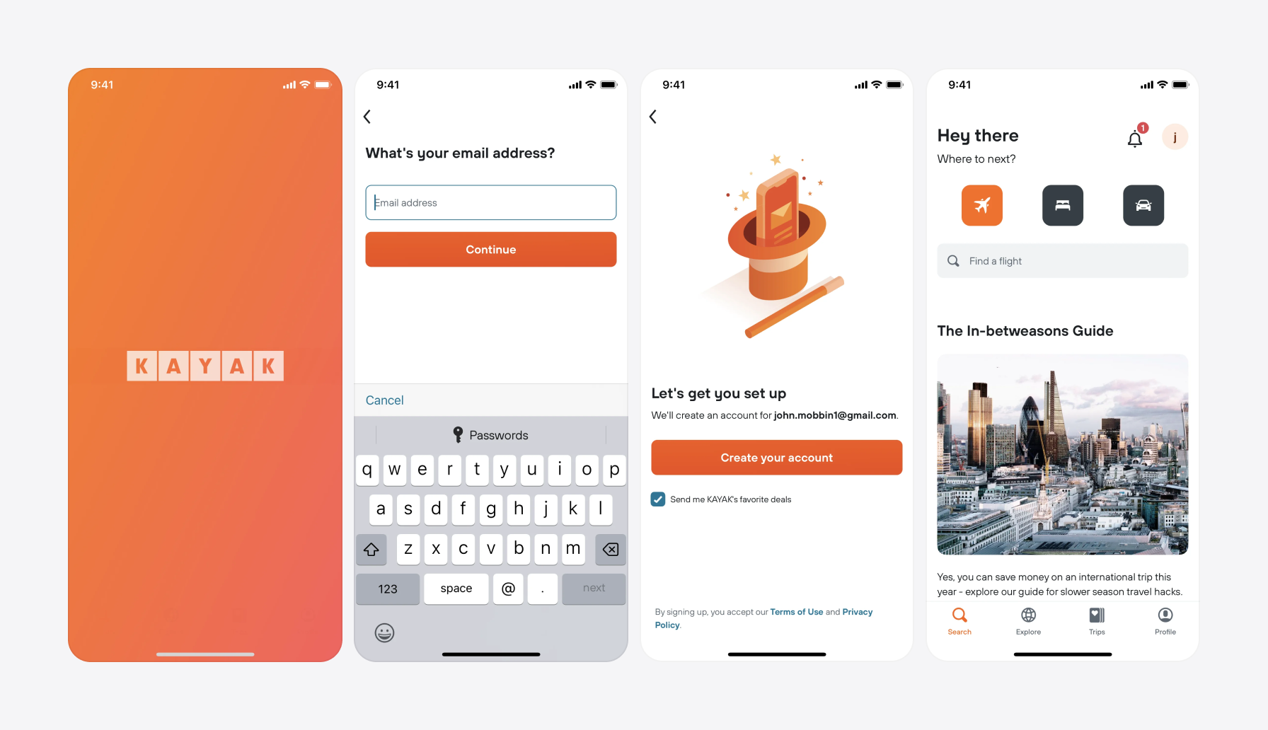 Screenshots of Kayak app using red orange in UI