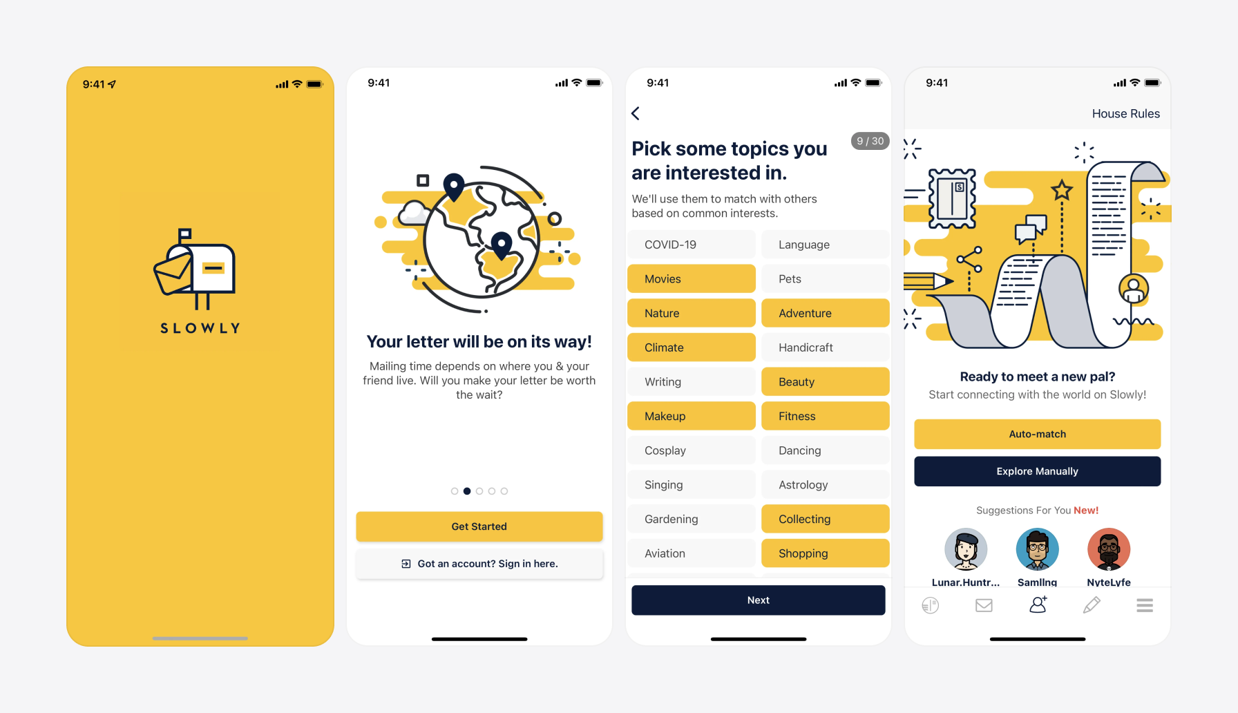 Screenshots of Slowly app using yellow color in UI