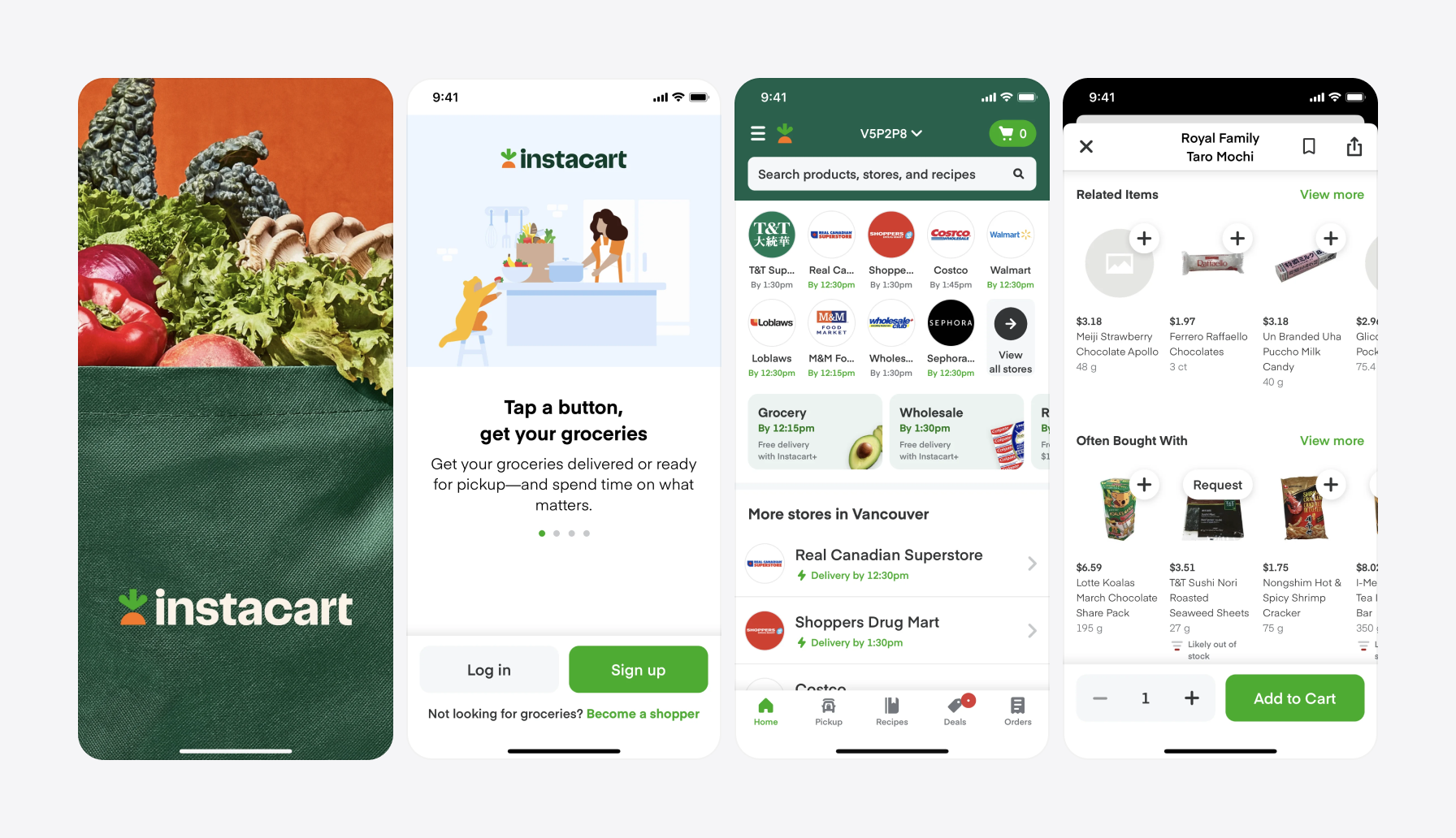 Screenshots of Instacart app using green color in UI