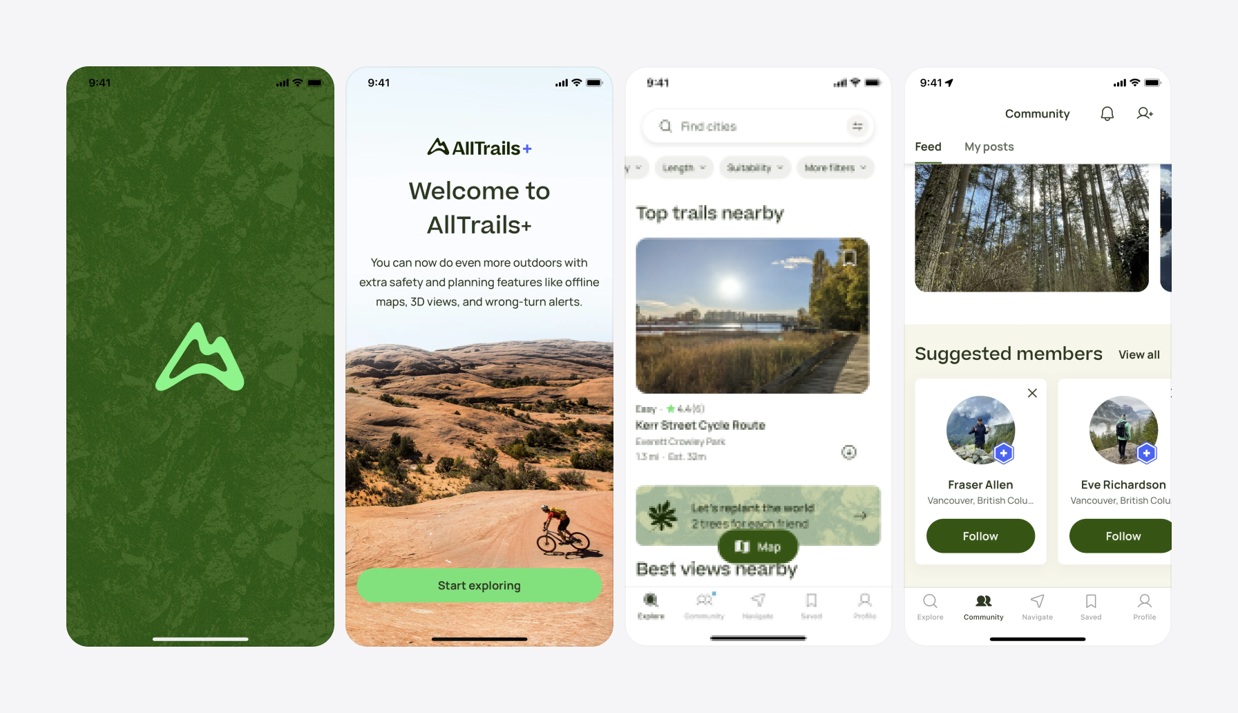 Screenshots of AllTrails app using green color in UI