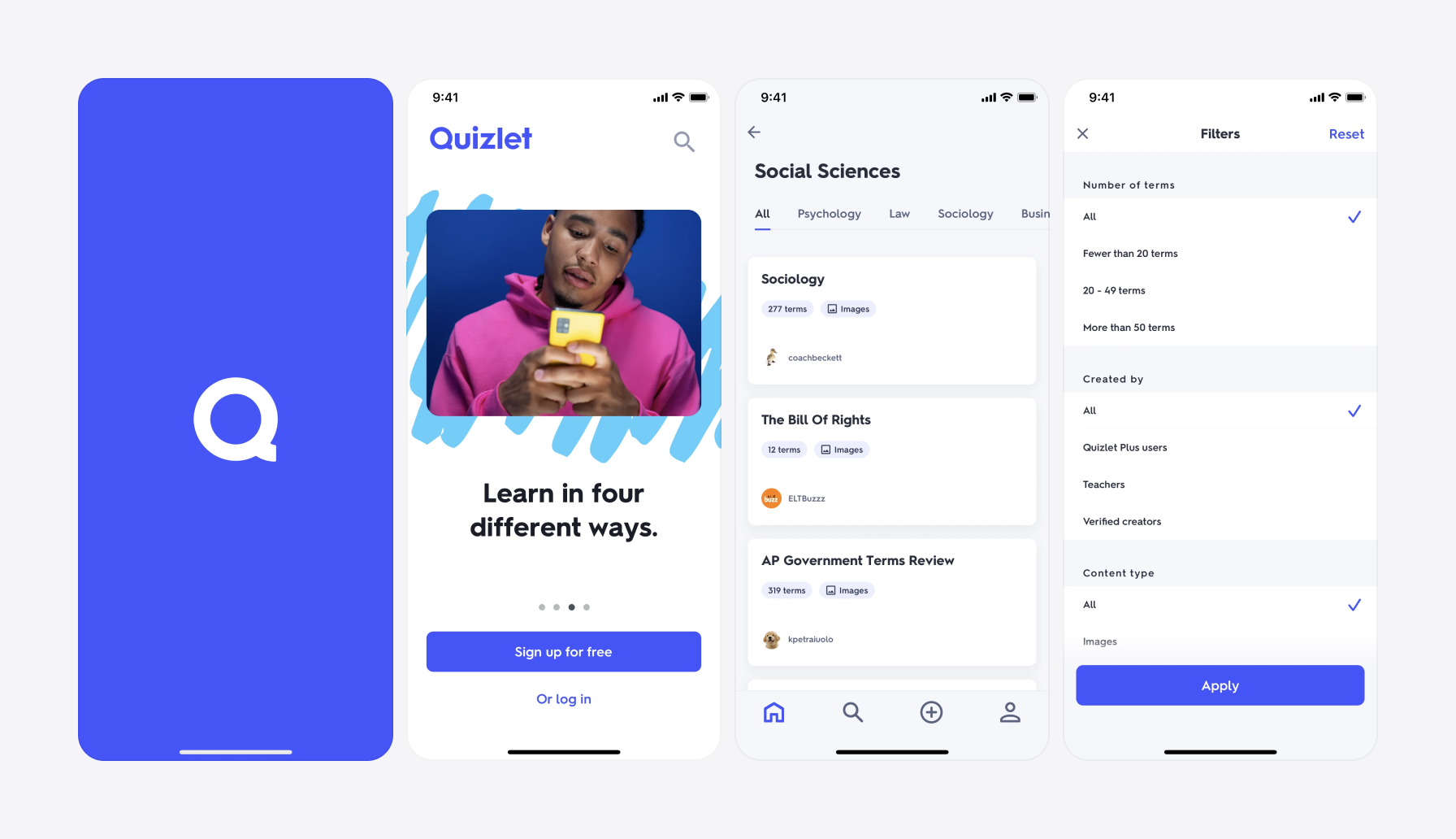 Screenshots of Quizlet app using blue color in UI