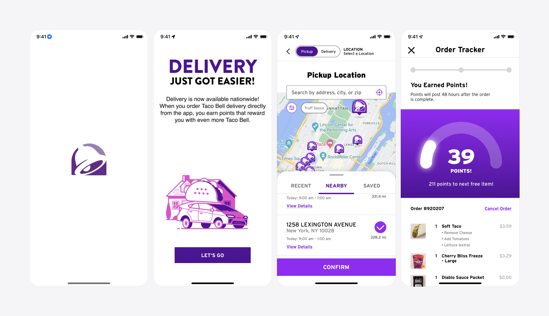 Screenshots of Taco Bell app using purple color in UI