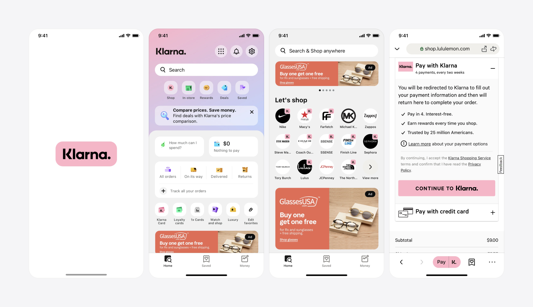 Screenshots of Klarna app using pink color in UI