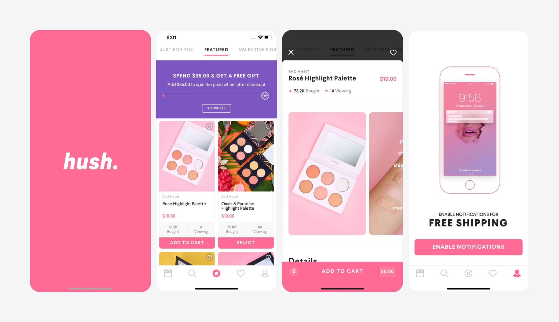 Screenshots of hush. app using pink color in UI