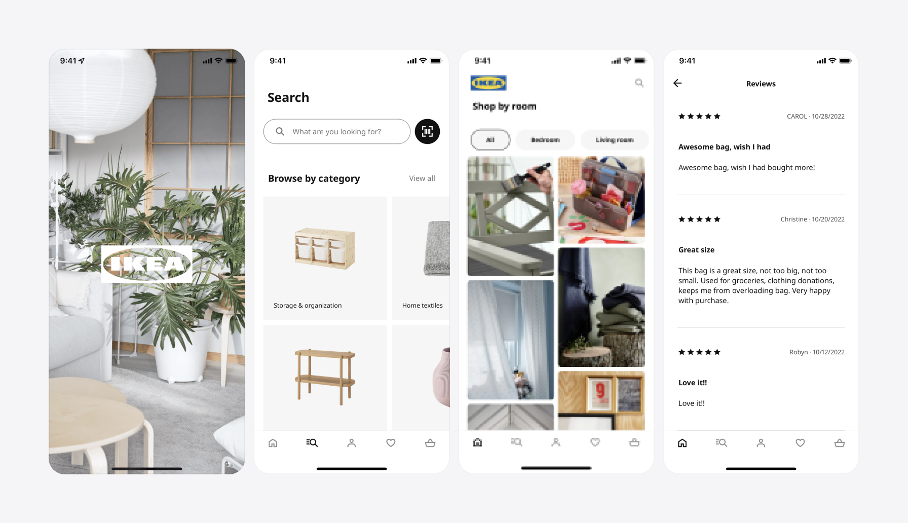 Screenshots of IKEA app using white color in UI