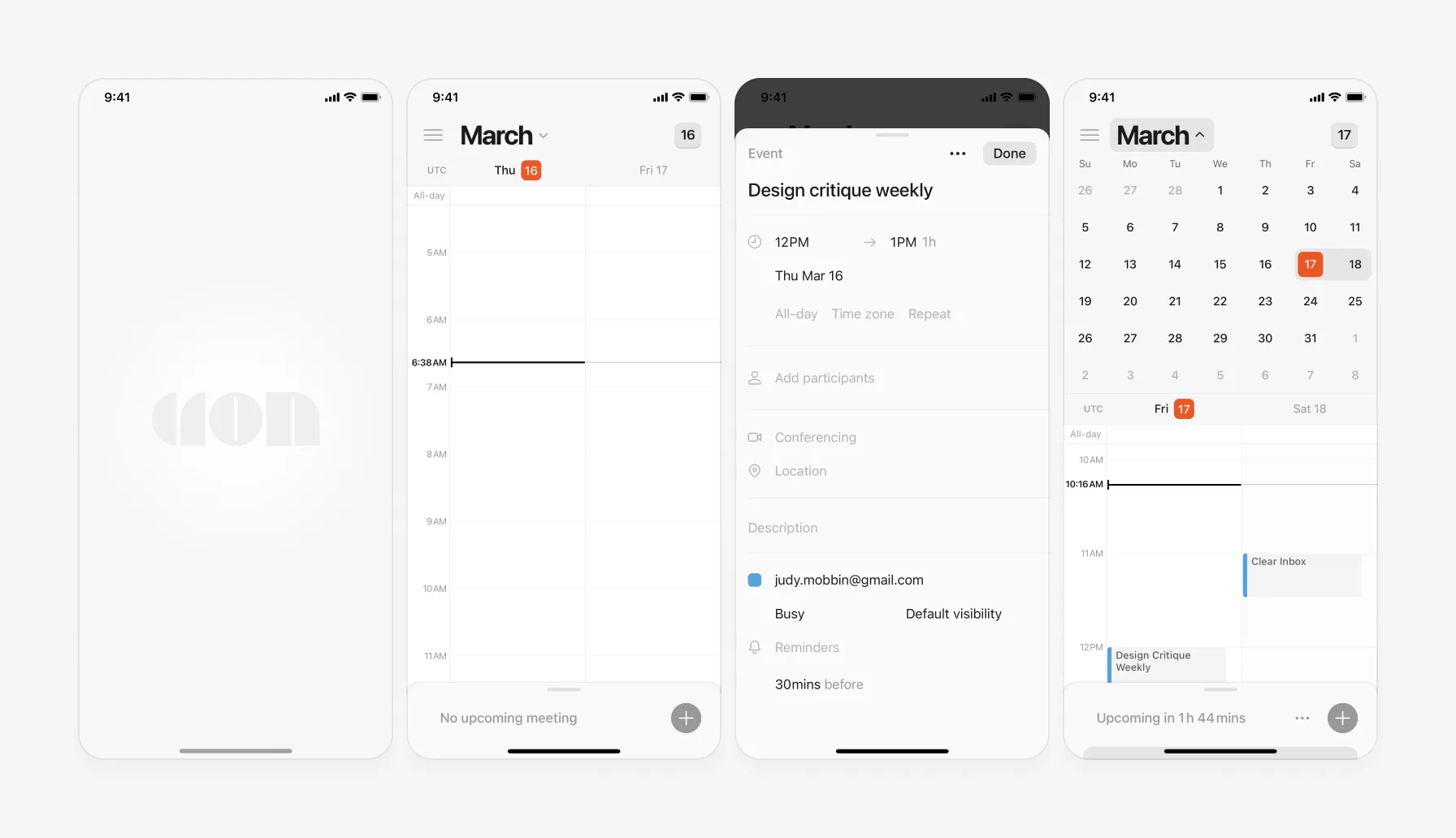 Screenshots of Cron Calendar app using grey color in UI