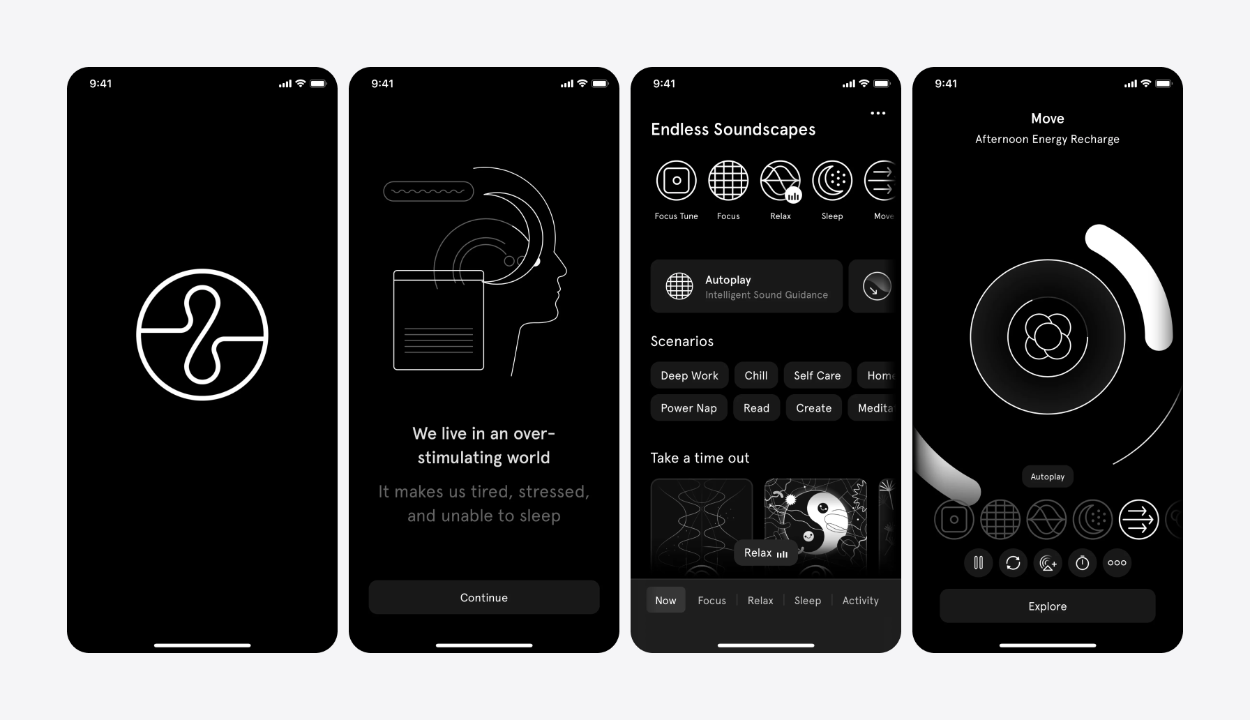 Screenshots of Endel app using black color in UI