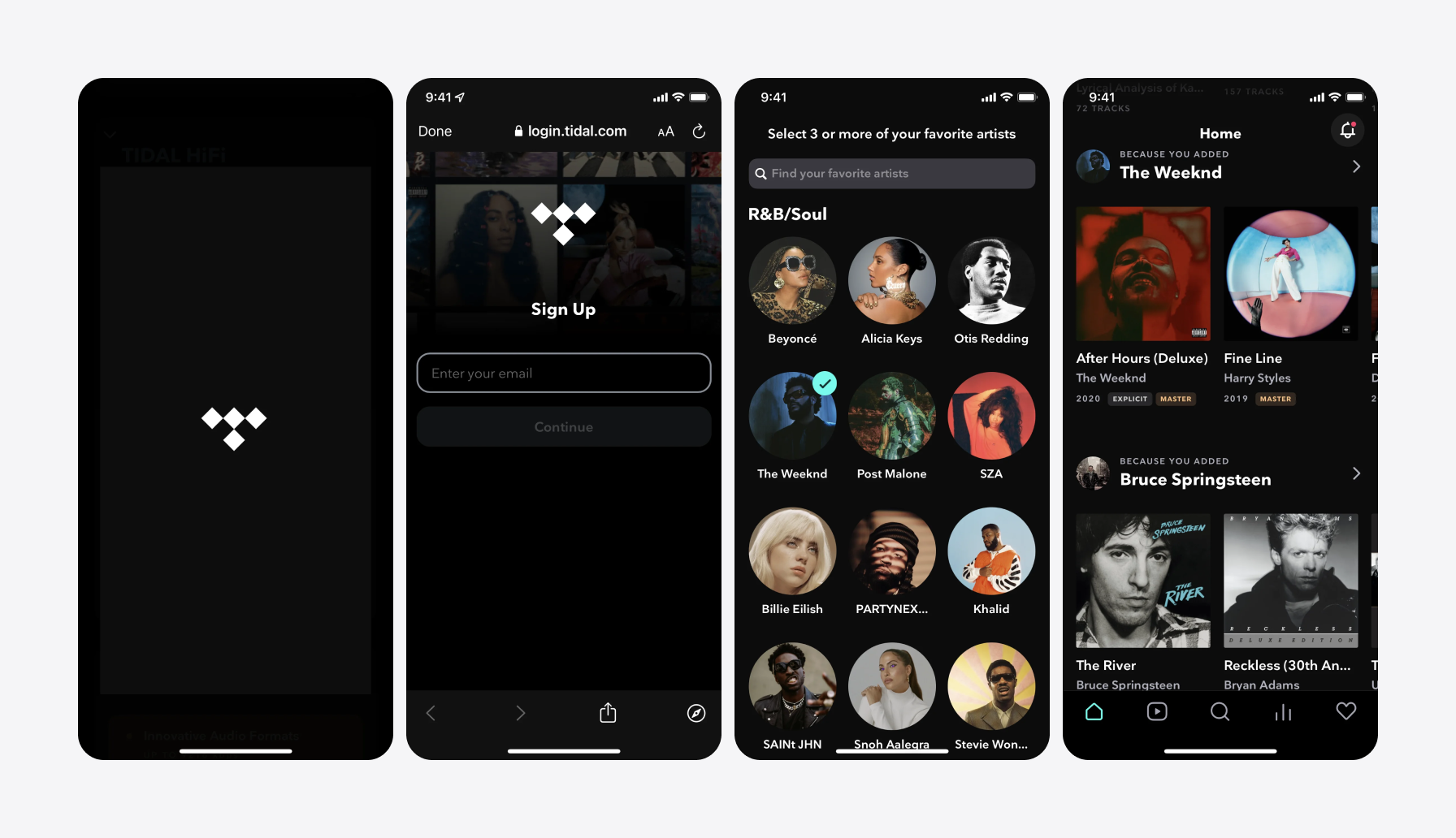 Screenshots of Tidal app using black color in UI