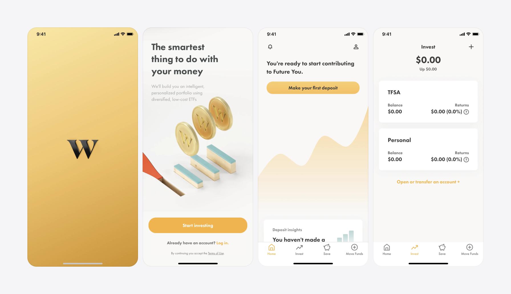 Screenshots of Wealthsimple Invest app using gold color in UI