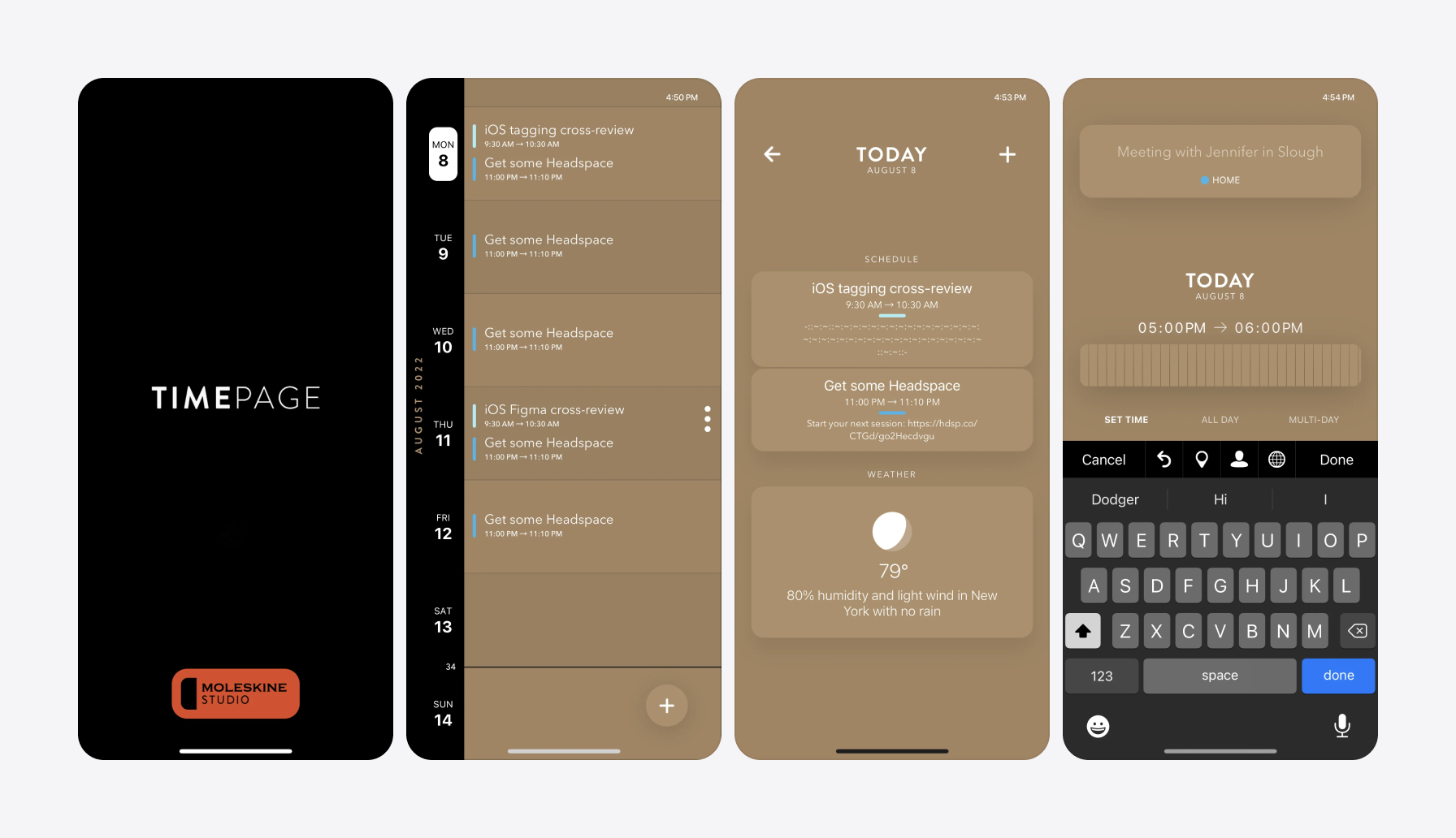 Screenshots of Timepage app using brown color in UI