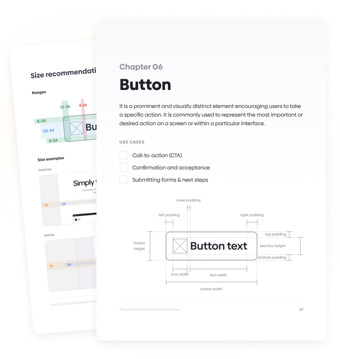 Two sheets of paper showing pages of The Ultimate UI Elements Guide