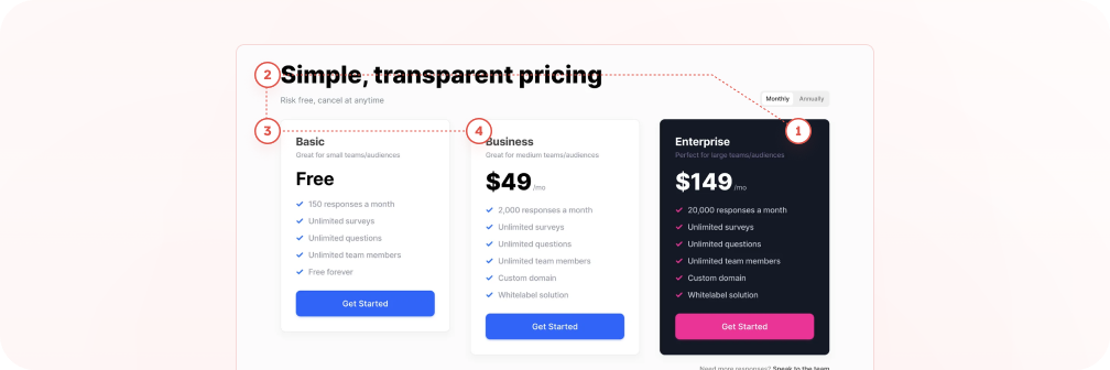 Example of a pricing plan with one plan being more prominent than others